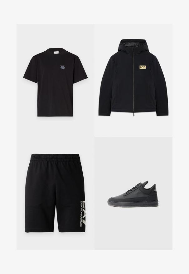 Črna izolirana jakna s kapuco, z zlatim logotipom, sprednjim zadrgo in stranskimi žepi. Gladek material z minimalističnim dizajnom.; Črna bombažna majica s kratkimi rokavi in kroоровim ovratnikom. Ima majhen modri logotip na levem prsnem delu. Preprost, ravno krojen dizajn.; EA7 Emporio Armani TRAIN VISIBILITY - Kratke hlače - black/cream; Črne usnjene superge z teksturirano površino, s sistemom vezanja, nizkim zgornjim delom in sivo gumijasto podplato, ki ima rebrast rob.