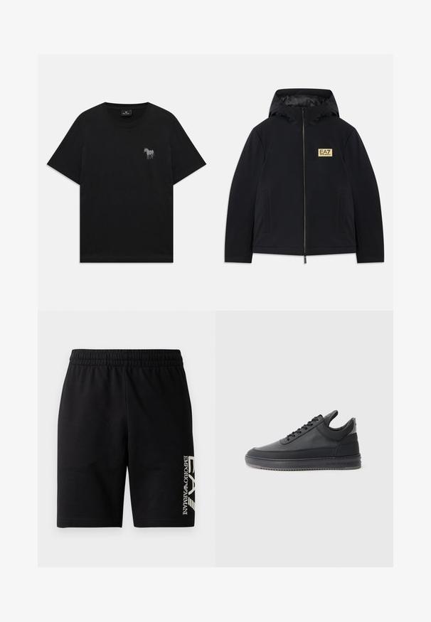 Black insulated jacket with a hood, featuring a gold logo, front zipper, and side pockets. Smooth texture with a minimalist design.; Black short-sleeve T-shirt with a small embroidered white zebra on the left chest and a round neckline.; EA7 Emporio Armani TRAIN VISIBILITY - Shorts - black/cream; Black leather sneakers with a textured surface, lace-up design, a low top, and a grey rubber sole featuring a ridged edge.