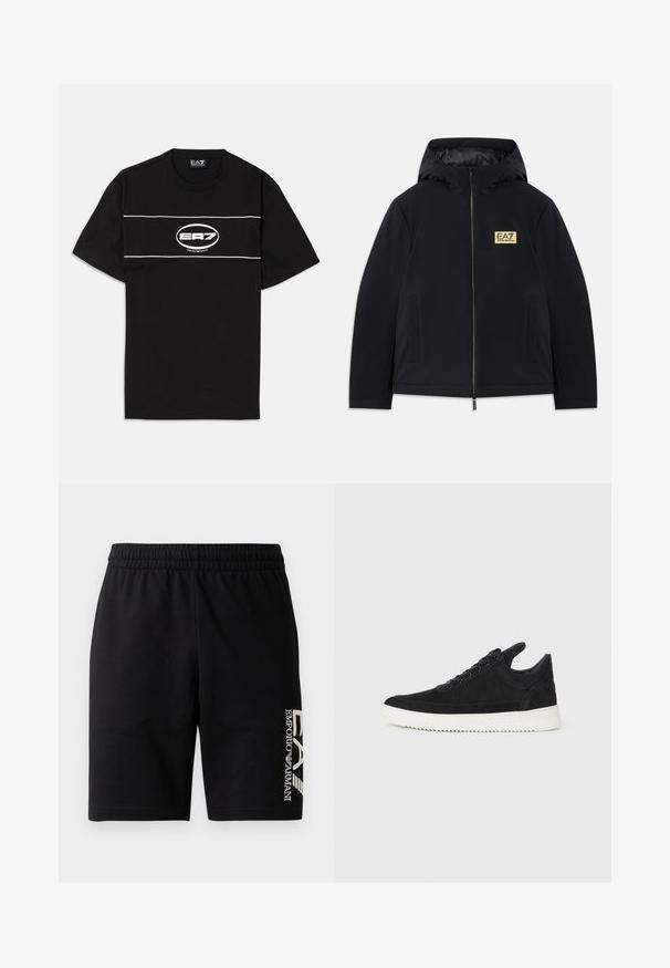 Černá zateplená bunda s kapucí, s zlatým logem, předním zipem a bočními kapsami. Hladká textura s minimalistickým designem.; Černé bavlněné tričko s bílými horizontálními pruhy a oválným logem EA7 na přední straně. Krátké rukávy a kulatý výstřih.; EA7 Emporio Armani TRAIN VISIBILITY - Šortky - black/cream; Černé semišové tenisky s bílou gumovou podrážkou, s tónovým prošitím a šněrováním. Hladký povrch s moderním, aerodynamickým tvarem.