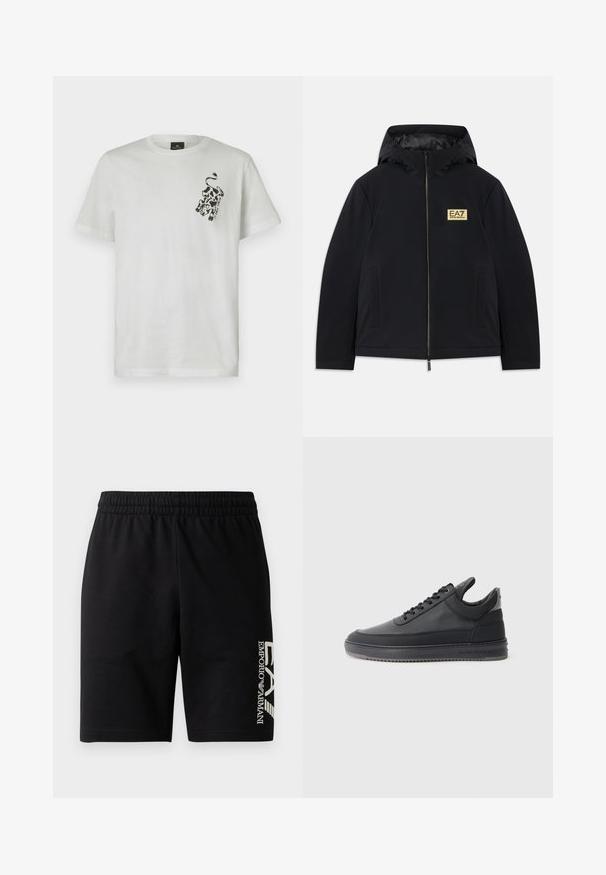 Svart isolert jakke med hette, med et gullfarget logo, fremre glidelås og sidelommer. Glatt tekstur med minimalistisk design.; Hvit T-skjorte laget av bomull med rund hals og korte ermer. Har et svart kunstverk design på venstre brystområde.; EA7 Emporio Armani TRAIN VISIBILITY - Shorts - black/cream; svarte lær sneakers med en teksturert overflate, snøring, lav topp, og en grå gummi såle med en ribbet kant.