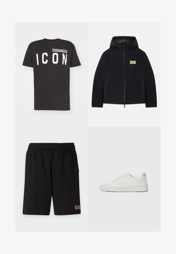 Svart isolert jakke med hette, med et gullfarget logo, fremre glidelås og sidelommer. Glatt tekstur med minimalistisk design.; Svart bomull T-skjorte med rund hals og korte ermer, med "DSQUARED2 ICON" trykt i fete hvite bokstaver foran.; Sorte treningsshorts laget av mykt stoff, med elastisk midje og en liten gul EA7-logo nederst på venstre ben.; Hvite lærersneakers med en jevn overflate, rund tå, flate lisser og en teksturert såle. Har en subtil logo på hælen.