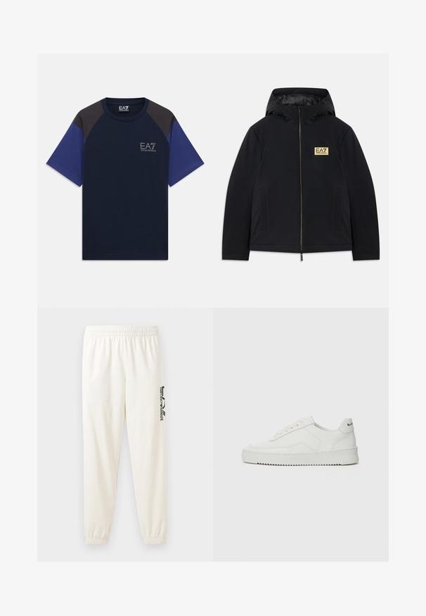 Mustat eristetyt takit hupulla, jossa on kultainen logo, etuvetoketju ja sivutaskut. Sulava pinta ja minimalistinen muotoilu.; T-paita tummansinisellä pohjalla, mustilla olkapaneeleilla ja sinisillä hihoilla, jossa on EA7 Emporio Armani -logo vasemmalla rintapielessä.; Harmasharma valu beige-harmahousut, joissa on joustava vyötärö ja joustavat lahkeet. Vasemmassa lahkeessa on musta painettu logo. Pehmeä kangas.; Valkoinen nahkakenkä, jossa on sileä pinta, pyöreä kärki, tasaiset nauhat ja teksturoitu pohja. Sisältää huomaamattoman logon kantapäässä.