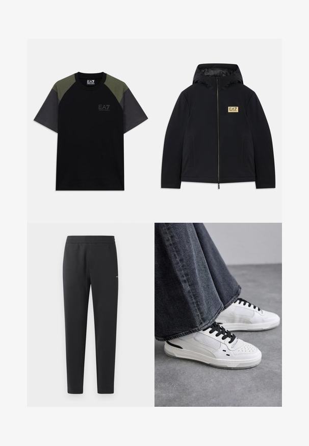 Melnā izolētā jaka ar kapuci, kurai ir zelta logotips, priekšējā rāvējslēdzēja spraude un sānu kabatas. Gluda tekstūra ar minimālistisku dizainu.; Īsām piedurknēm melns T-krekls ar olīvu zaļām plecu detaļām, tumši pelēkām piedurknēm un EA7 Emporio Armani logotipu uz krūtīm un apkakles birkas.; Melni sporta bikses, kas izgatavotas no mīkstas auduma, ar elastīgu jostasvietu, taisnām kājām un nelielu logotipa detaļu sānos.; Baltas sneakers ar melnām auklām un sieta detaļām. Iekļauj gludu ādas virsu un strukturētu gumijas zoli. Pāris ar platām pelēkām džinsām.
