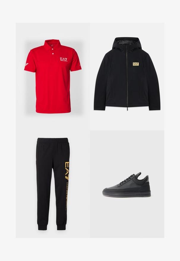 Czarna kurtka ocieplana z kapturem, z złotym logo, przednim zamkiem błyskawicznym i bocznymi kieszeniami. Gładka tekstura i minimalistyczny design.; Czerwona koszulka polo wykonana z gładkiego materiału, z kołnierzykiem na dwa guziki, krótkimi rękawami oraz logo EA7 na klatce piersiowej i rękawie.; Czarne dresy wykonane z miękkiego materiału, z elastycznym paskiem w talii i ściągaczami przy kostkach. Żółte logo umieszczone pionowo na lewej nodze.; Czarne skórzane sneakersy o teksturowanej powierzchni, z wiązaniem, niskim krojem i szarym gumowym spodem z żebrowanym brzegiem.
