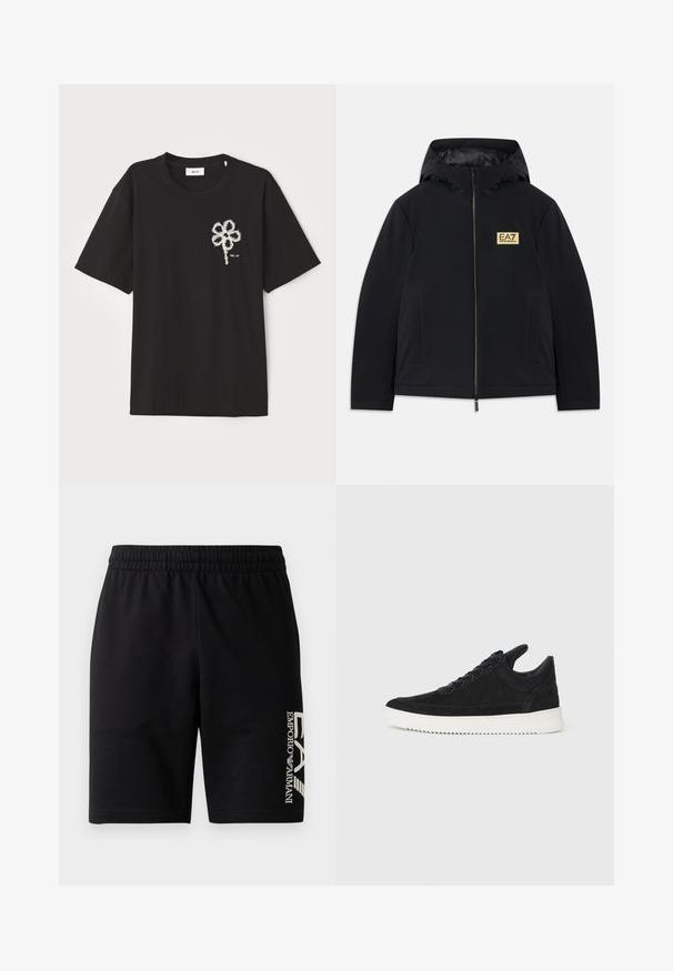 Chaqueta aislante negra con capucha, que presenta un logo dorado, cierre frontal y bolsillos laterales. Textura suave con un diseño minimalista.; Camiseta de algodón negra con cuello redondo y mangas cortas, con un diseño de flor bordada en blanco en la parte izquierda del pecho.; EA7 Emporio Armani TRAIN VISIBILITY - Shorts - black/cream; Zapatilla de ante negra con suela de goma blanca, que presenta costuras en el mismo tono y un diseño de cordones. Textura suave con una forma moderna y aerodinámica.