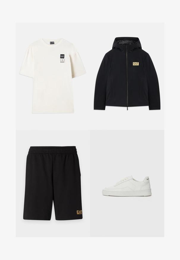 Mustard mustega kapuutsiga must isolatsioonivjakk, millel on kuldne logo, esi tõmblukk ja küljetaskud. Sile tekstuur ja minimalistlik disain.; Lühikese varrukaga T-särk heledast puuvillast, millel on ristkülikukujuline must logo ja mustade printidega hooldusteave rinnal.; Mustad mustad lühikesed püksid, mis on valmistatud pehmest kangast. Omavad elastset vöökohta ja väikest kollast EA7 logo vasakul jalal.; Valge nahast tennis, millel on sile põhi, ümar varvas, lamedad nöörid ja tekstuuriline tall. Sisaldab diskreetset logo kontsaribal.