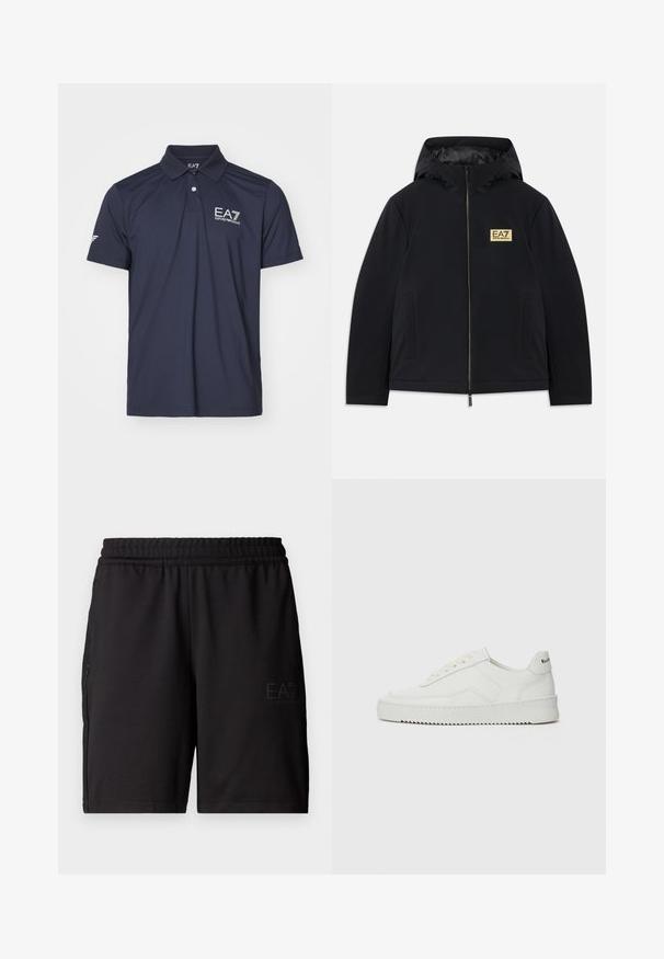 Svart isolerad jacka med huva, med en guldig logotyp, framdragkedja och sidofickor. Slät yta med en minimalistisk design.; Mörkblå poloskjorta gjord av slät tyg med en treknapps placket och broderad logotyp på vänster bröst och ärm.; Svarta atletiska shorts i lätt tyg, med elasticitetsmidja och meshinlägg på sidorna. Logotyp för märket tryckt på framsidan.; Vita lädersneakers med en jämn yta, rund tå, platta snörningar och en strukturerad sula. Har en diskret logotyp på hälen.