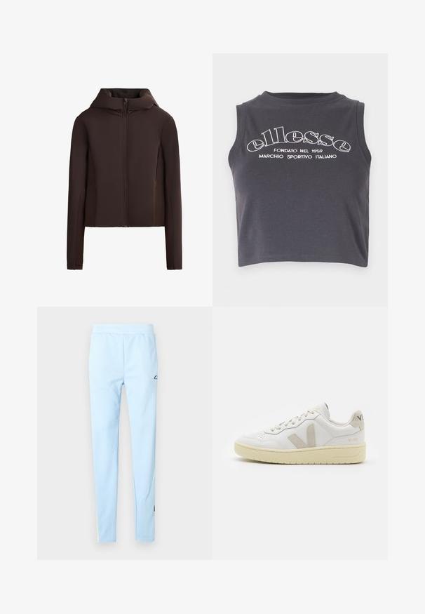 Brown zip-up jacket with a hood, featuring a smooth texture, long sleeves, and side pockets; designed for a fitted look.; Dark gray cropped tank top made from soft cotton, featuring white printed branding text and a rounded neck with no sleeves.; Light blue athletic pants with a smooth texture, elastic waistband, and subtle pattern. Features a logo near the hip and color accents at the hem.; White leather sneaker with beige suede accents, perforated toe box, flat laces, and a textured cream sole. Features subtle branding on heel.