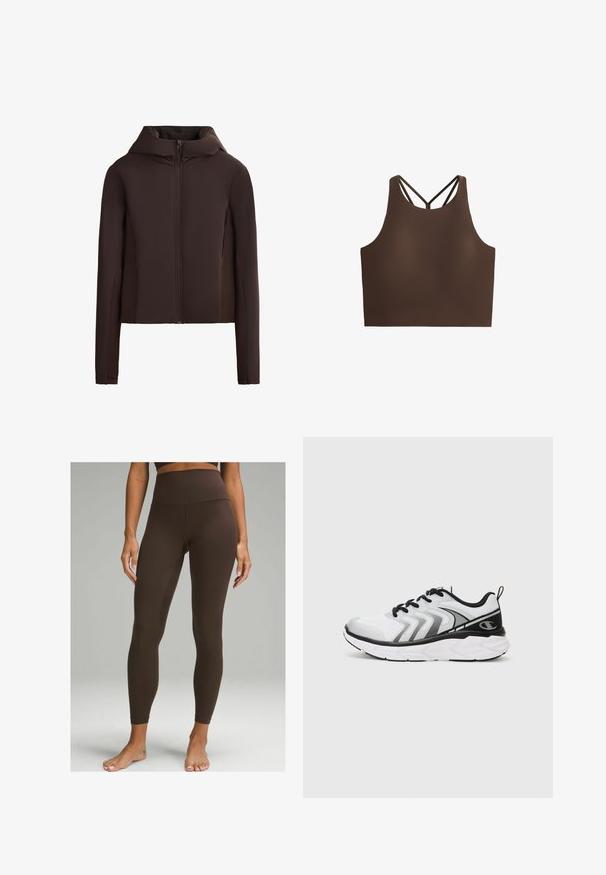 Brown zip-up jacket with a hood, featuring a smooth texture, long sleeves, and side pockets; designed for a fitted look.; Brown athletic crop top with a smooth texture, featuring a high neckline and crisscrossed straps at the back for added support.; lululemon ALIGN™ HIGH-RISE 71CM - Leggings - espresso; Champion Training shoe - white/silver-coloured