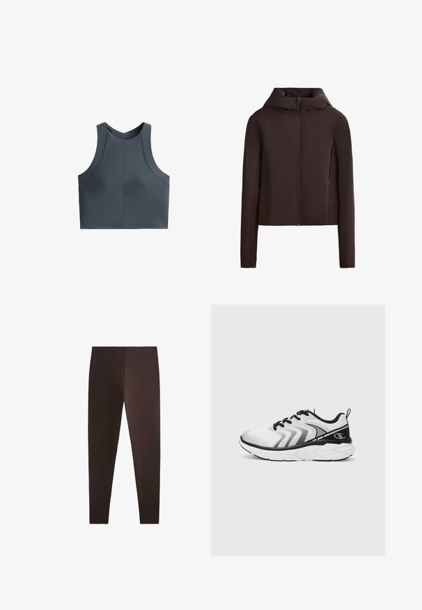 Brązowa kurtka zapinana na zamek z kapturem, o gładkiej fakturze, długich rękawach i bocznych kieszeniach; zaprojektowana w dopasowanym kroju.; Szary krótki top o prążkowanej fakturze, bez rękawów, z okrągłym dekoltem, z akcentami szwów dla lepszego dopasowania.; Brązowe legginsy wykonane z elastycznego materiału, o dopasowanym kroju i gładkiej teksturze, z prostą, minimalistyczną sylwetką.; Champion - Buty treningowe