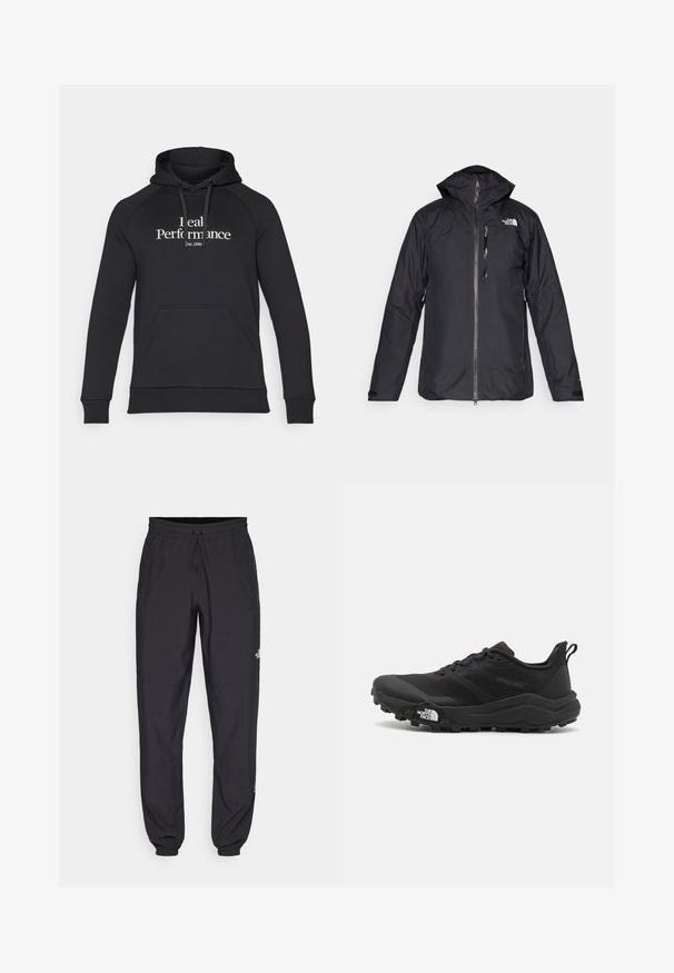 Crna vodootporna jakna s kapuljačom, punim zatvaračem i mrežastom oblogom. Sadrži logo na prsima i podesive manžete. Jednostavni dizajn.; Crna dukserica od mekog materijala, s kangaroo džepom, rebrastim manžetama i bijelim natpisom "Real Performance" s "est. 1986" ispod.; Crne sportske hlače od lagane tkanine, s pojasom na vezanje, bočnim džepovima i suženim manžetama na gležnjevima.; Crne trail trkačke cipele s teksturiranim gornjim dijelom, gumeni potplat i ojačana zaštita za prste. Imaju podstavljen ovratnik i trakicu za lakše obuvanje.