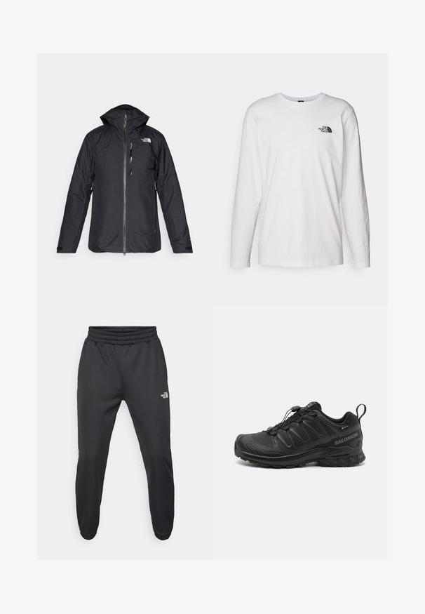 Chaqueta negra impermeable con capucha, cremallera de longitud completa y forro de malla. Presenta un logotipo en el pecho y puños ajustables. Diseño liso.; Camiseta de manga larga blanca de algodón con cuello redondo. Presenta un pequeño logotipo negro en el pecho. Textura suave, corte regular.; Pantalones deportivos negros con cintura ajustable mediante cordón, corte tapered, puños elásticos y un pequeño logo blanco en el muslo izquierdo, fabricados en tejido suave.; Zapatilla deportiva negra con parte superior sintética texturizada, suela acolchada y sistema de lazado rápido. Cuenta con puntera y talón reforzados.