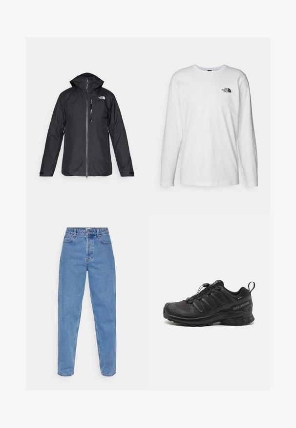 Sort vandtæt jakke med hætte, fuld længde lynlås og meshfor. Har logo på brystet og justerbare manchetter. Enkel design.; Hvid langærmet T-shirt lavet af bomuld med rund hals. Har et lille sort logo på brystet. Glat tekstur, almindelig pasform.; Lysblå denim jeans, højtaljede med lige ben, featuring fem lommer og en klassisk knap- og lynlås lukning.; Sort atletik sko med en struktureret syntetisk overdel, polstret sål og et hurtiglukkesystem. Har forstærket tå og hæl.