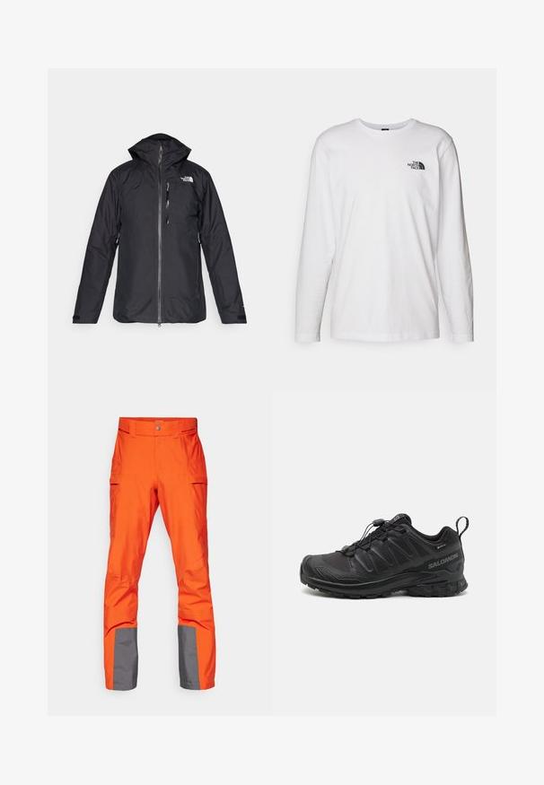 Schwarze wasserdichte Jacke mit Kapuze, durchgehendem Reißverschluss und Netzfutter. Mit Logo auf der Brust und verstellbaren Bündchen. Schlichtes Design.; Weißes langärmliges T-Shirt aus Baumwolle mit Rundhalsausschnitt. Verfügt über ein kleines schwarzes Logo auf der Brust. Glatte Textur, reguläre Passform.; Helle orange wasserdichte Hosen mit grauen Akzenten an den Bündchen, ausgestattet mit einem flachen Bund und mehreren Seitentaschen. Glatte Textur.; Schwarzer Sportschuh mit einer strukturierten, synthetischen Oberseite, gepolsterten Sohle und einem schnellen Schnürsystem. Verfügt über eine verstärkte Zehen- und Fersenkappe.