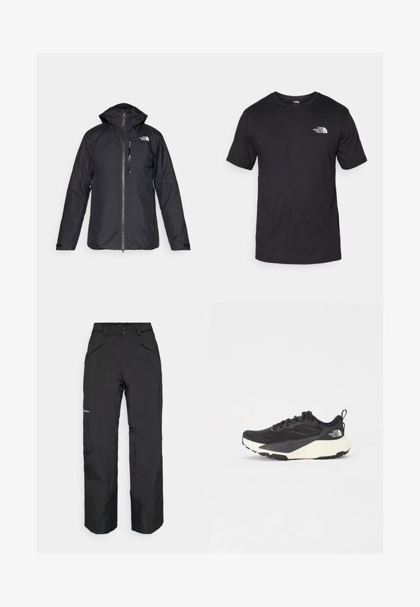 Zwarte waterdichte jas met capuchon, volle lengte rits en mesh voering. Bevat logo op de borst en verstelbare mouwen. Eenvoudig ontwerp.; Zwarte T-shirt met korte mouwen van katoen, voorzien van een ronde halslijn en een klein wit logo op de bovenste linkerkant van de borst.; Zwarte waterdichte broek met een rechte snit, voorzien van ritsshakken, versterkte zoomaccenten en een gladde textuurafwerking.; Zwarte sportieve schoen met een gestructureerde mesh bovenkant, solide zwarte accenten en een lichte witte buitenzool. Voorzien van vetersluiting en een treklus.