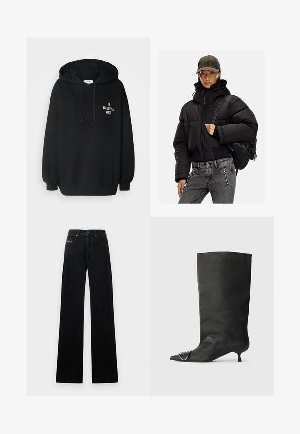 Mustat pehmustetut takit, joissa on korkea kaulus, vetoketju ja joustavat hihansuut; yhdistetty harmaisiin farkkuihin ja teksturoituun mustaan reppuun.; Musta huppari, joka on valmistettu puuvillasekoitteesta, jossa on pitkät hihat, ribbireunat ja painettu teksti "ON DIGITAALINEN AIKA" valkoisena.; Mustat leveälahkeiset farkut, jotka on valmistettu denimistä. Niissä on edessä nappikiinnitys, viisi taskua ja pieni logopläntti vyötäröllä.; Musta nahkainen nilkkabootsi, jossa on terävä kärki, pieni korko ja metallinen korostus kärjessä. Pehmeä, mattapintainen rakenne kauttaaltaan.