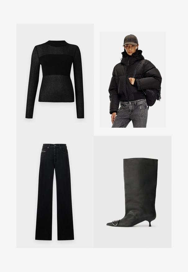 Must must vest, mille kraega, tõmblukuga ja elastsete mansettidega; kombineeritud hallide denimipükste ja tekstuuri musta seljakotiga.; Musta pika varrukaga topp rib kootud kangast. Omab kõrget kaelust ja poolläbipaistvat detaili rinnal ja varrukatel.; Mustad laia säärega teksad teksariidest, ees nööpide sulgumisega, viie taskuga ja väikese logomärgiga vöökohal.; Must musta põlve kõrgune saapakäik terava nina, väike konts ja metallist aktsentdetail nina peal. Ühtlane, matt tekstuur kogu ulatuses.