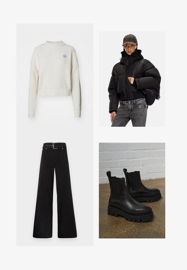 Čierna vypchávaná bunda s vysokým golierom, zapínaním na zips a elastickými manžetami; spárovaná s šedými denimovými nohavicami a štruktúrovaným čiernym batohom.; Biely rebrovaný pletený sveter s vysokým krkom a spadnutými ramenami. Obsahuje malé modré usmievajúce sa logo na hrudi. Skrátený dizajn.; Čierne nohavice so širokými nohavicami vyrobené z bavlny, s vysokým pásom, veľkými bočnými vreckami a opaskom s prackou so striebornými detailmi.; Čierne kožené členkové topánky s elastickými bočnými panelmi, hrubými čiernymi platformovými podrážkami a stehmi, s pútkom pre jednoduché obúvanie.
