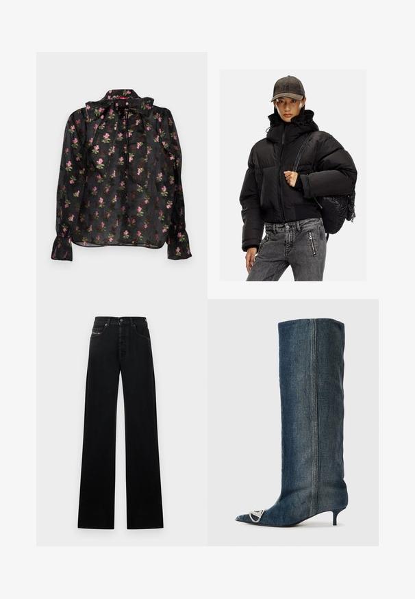 Juodas pūkuotas švarkas su aukštu apykakle, užtrauktuku ir elastingomis rankovėmis; derinamas su pilkais džinsiniais keliais ir tekstūruotu juodu kuprine.; Juodas permatomas palaidinė su rožinėmis ir žaliomis gėlėmis, su kaspinėlio krakliniu apykakliu, mygtukine priekyje ir ilgomis rankovėmis su surinktais lankeliais.; Įvairaus pločio juodi džinsai iš džinso audinio, su priekiniais mygtukais, penkiomis kišenėmis ir mažu logotipo lopeliu ant liemens.; Džinsiniai ilgi batai iki kelių su smailiu pirštu, sidabro spalvos apdaila, plonu mažam padų aukščio kulnu ir lygiu, tekstūruotu paviršiumi.