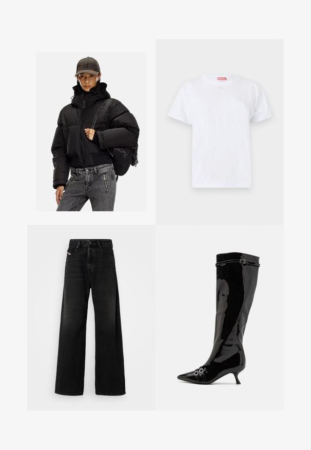Chaqueta acolchada negra con cuello alto, cierre de cremallera y puños elásticos; combinada con pantalones de mezclilla gris y una mochila negra texturizada.; Camiseta de algodón blanca con mangas cortas, cuello redondo y un pequeño logo en el pecho. Diseño simple, textura suave y dobladillo recto.; Jeans de denim negro de pierna ancha con cintura alta, que cuentan con un cierre de botón, bolsillos delanteros y una textura desgastada.; Bota de cuero negro brillante hasta la rodilla con punta afilada, tacón pequeño y acentos de doble hebilla cerca del tobillo. Acabado suave y brillante.