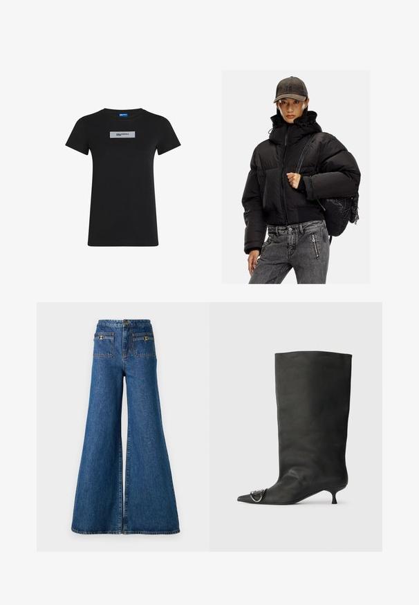 Melnas polsterētas jaka ar augstu apkakli, rāvējslēdzēja aizdari un elastīgām aprocēm; kombinēta ar pelēkiem džinsiem un teksturētu melnu mugursomu.; Melnas kokvilnas t-krekls ar īsām piedurknēm, apaļu dekoltē un sudraba taisnstūra logotipa uzlīmi priekšpusē. Gluda tekstūra un parasts piegriezums.; Platas kājas džinsa bikses tumši zilos toņos, ar augstu jostasvietu, divām aizmugurējām kabatām ar zelta aparatūru un neapstrādātu apakšmalu.; Melnas ādas potīšu zābaki ar smailu purngalu, mazu papēdi un metāla akcentu uz purngala. Gluda, matēta virsma visā zābaku garumā.