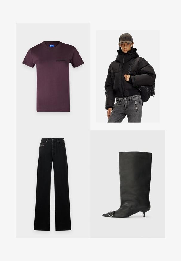 Fekete steppelt dzseki magas gallérral, cipzáras záródással és rugalmas mandzsettákkal; szürke farmernadrággal és texturált fekete hátizsákkal párosítva.; Sötét lila pamut póló rövid ujjakkal, kerek nyakkal, és fekete nyomtatott logóval a bal mellrészen. Simább textúra.; Fekete, széles szárú farmernadrág, gombos elülső záródással, öt zsebbel és egy kis logófolttal a derékrészen.; Fekete bőr bokacsizma hegyes orral, kis sarokkal és fémes díszítéssel az orrán. Az egész felületen sima, matt textúra.