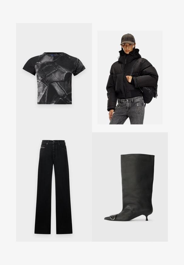 Čierna vypchávaná bunda s vysokým golierom, zapínaním na zips a elastickými manžetami; spárovaná s šedými denimovými nohavicami a štruktúrovaným čiernym batohom.; Čierne tričko s krátkym rukávom s veľkým denimovým potlačou s vreckami a švami, vyrobené z bavlnenej zmesi s textúrovaným povrchom.; Čierne džíny s širokými nohavicami z denimu, s predným zapínaním na gombíky, piatimi vreckami a malou logo nášivkou na páse.; Čierna kožená členková topánka s špicatou špičkou, malým podpätkom a kovovým akcentom na špičke. Hladká, matná textúra po celom povrchu.