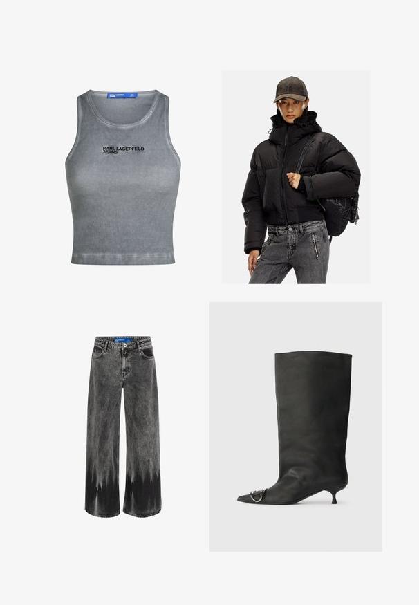 Fekete steppelt dzseki magas gallérral, cipzáras záródással és rugalmas mandzsettákkal; szürke farmernadrággal és texturált fekete hátizsákkal párosítva.; Szürke bordázott ujjatlan felső kerek nyakkivágással. A "KARL LAGERFELD JEANS" feketével hímzett felirattal rendelkezik. Sima textúra, rövidített hossz.; Tág lábú farmer sötétített fekete denimből, amely dip-dye hatással rendelkezik, acélból készült kiegészítőkkel és klasszikus öt zsebes kialakítással, standard derékpánttal.; Fekete bőr bokacsizma hegyes orral, kis sarokkal és fémes díszítéssel az orrán. Az egész felületen sima, matt textúra.
