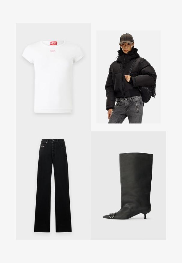 Svart vadderad jacka med hög krage, dragkedjestängning och elastiska ärmslut; ihop med grå denimbyxor och en strukturerad svart ryggsäck.; Vit kortärmad Diesel t-shirt för kvinnor med röd logotag inuti kragen och en liten rosa broderad emblem nedanför halsen.; Svarta jeans med vida ben i denim, med knäppning framtill, fem fickor och en liten logotypmärke på midjebandet.; Svart läder ankelstövel med spetsig tå, liten klack och metallisk accentdetalj på tån. Slät, matt yta över hela skon.