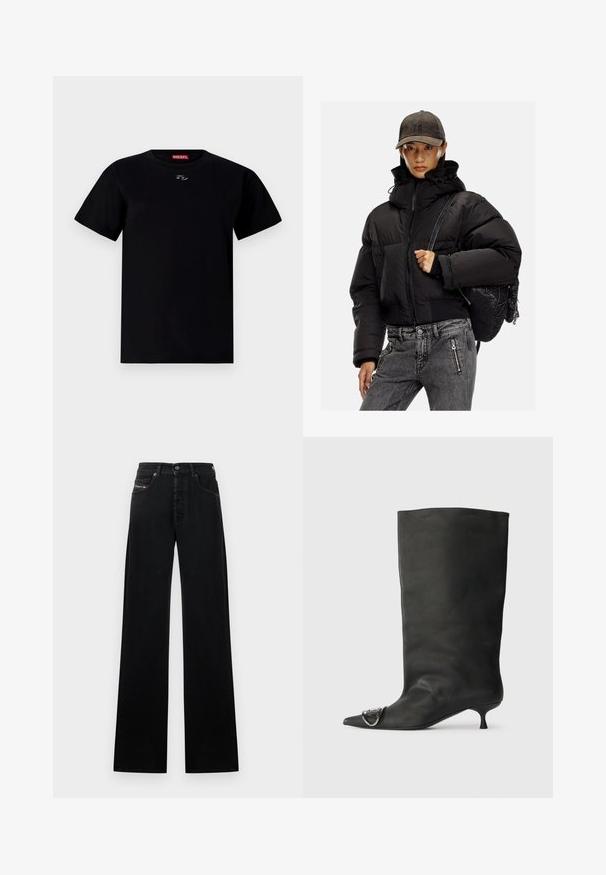 Juodas pūkuotas švarkas su aukštu apykakle, užtrauktuku ir elastingomis rankovėmis; derinamas su pilkais džinsiniais keliais ir tekstūruotu juodu kuprine.; Juodas medvilnės marškinėliai su apvale kaklo iškirpte, trumpomis rankovėmis ir mažais emblemomis krūtinės centre. Minkšta tekstūra ir reguliaraus kirpimo.; Įvairaus pločio juodi džinsai iš džinso audinio, su priekiniais mygtukais, penkiomis kišenėmis ir mažu logotipo lopeliu ant liemens.; Juodas odinis kulkšninis batas su smailiu pirštu, maža pakulne ir metaline akcentu ant piršto. Lygus, matinio paviršiaus tekstūra visame batus.
