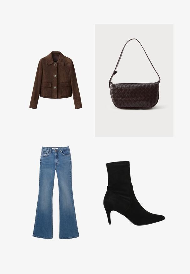 Brązowa zamszowa kurtka z kołnierzem, zapięciem na guziki i dwoma kieszeniami na piersi. Charakteryzuje się krótkim krojem i gładką fakturą.; Jasnobrązowy sweter z długim rękawem i dekoltem w serek, o gładkiej fakturze i z małą metką marki przy dekolcie.; Niebieskie dżinsowe spodnie dzwonowe z kieszeniami z przodu i z tyłu, paskiem na pasek oraz zapięciem na guzik, położone na białym tle.; Wojas - Botki; Pleciona skórzana torba na ramię w ciemnym brązie o zakrzywionym kształcie, z regulowanym paskiem i gładkim wykończeniem. Kompaktowy design bez widocznych elementów metalowych.