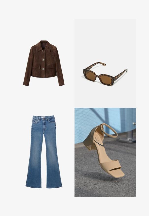 Veste en daim marron avec un col, fermeture à boutons et deux poches poitrine. Elle présente un design court et une texture lisse.; Pull en V à manches longues de couleur brun clair avec une texture en maille uni et une petite étiquette de marque au niveau de l'encolure.; Jean en denim bleu évasés avec poches avant et arrière, passants de ceinture et fermeture à bouton, étalés à plat sur un fond blanc.; Sandale à talon carré beige avec un bout carré, des brides minimalistes et une boucle à la cheville. Matériau lisse et mat sur une surface grise.; Lunettes de soleil en écaille de tortue avec une monture ronde et épaisse et des verres marron. Présente des motifs subtils et des branches droites et effilées.
