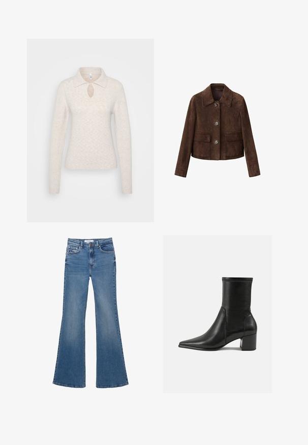 Brązowa zamszowa kurtka z kołnierzem, zapięciem na guziki i dwoma kieszeniami na piersi. Charakteryzuje się krótkim krojem i gładką fakturą.; Jasno beżowy sweter z dzianiny z kołnierzykiem, detalem w formie klucza przy dekolcie oraz długimi rękawami z prążkowanymi mankietami.; Niebieskie dżinsowe spodnie dzwonowe z kieszeniami z przodu i z tyłu, paskiem na pasek oraz zapięciem na guzik, położone na białym tle.; Czarny botek za kostkę wykonany z gładkiej skóry, z szpiczastym noskiem, słupkowym obcasem oraz wyraźnym podniesionym szwem na górnej krawędzi.