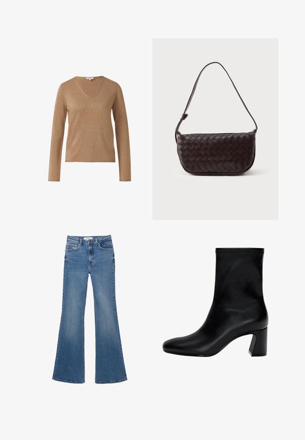 Veste en daim marron avec un col, fermeture à boutons et deux poches poitrine. Elle présente un design court et une texture lisse.; Pull en V à manches longues de couleur brun clair avec une texture en maille uni et une petite étiquette de marque au niveau de l'encolure.; Jean en denim bleu évasés avec poches avant et arrière, passants de ceinture et fermeture à bouton, étalés à plat sur un fond blanc.; Botte noire à la cheville en cuir lisse. Possède un bout carré, un haut élastiqué et un talon épais pour la stabilité. Design minimaliste.; Sac à épaule en cuir tissé marron foncé avec une forme courbée, une bandoulière réglable et une finition lisse. Design compact sans matériel visible.