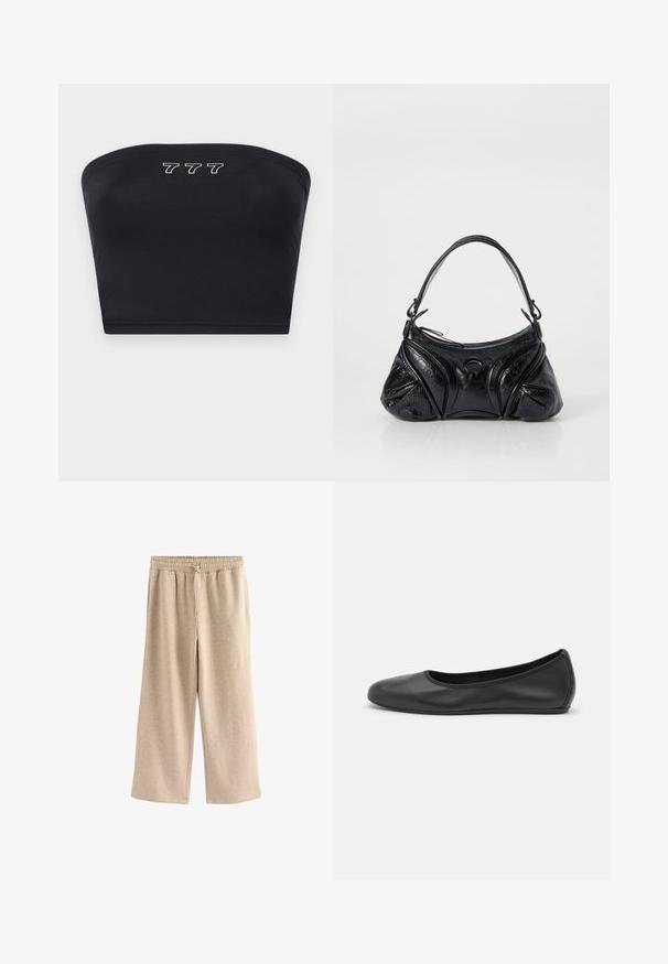 Giacca in suede marrone con colletto, chiusura a bottoni e due tasche sul petto. Presenta un design corto e una texture liscia.; Top bandeau nero realizzato in tessuto liscio, con ricamo bianco dei numeri "777" sul davanti. Senza spalline, design semplice.; Pantaloni a gamba larga color crema realizzati in un morbido tessuto misto cotone. Presentano una vita elastica con cordoncino e una delicata texture a macchie.; Pantofole da balletto nere in pelle con punta arrotondata, texture liscia, dettagli di cucitura minimi e design con suola flessibile.; Borsa nera realizzata in pelle testurizzata con una forma arrotondata. Presenta una sottile tracolla e motivi decorativi a rilievo.