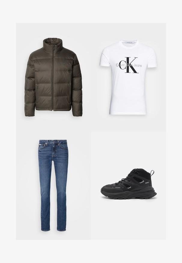 Ciemnooliwkowa kurtka puchowa z wysokim kołnierzem, zapinana na zamek, z przeszytymi sekcjami. Posiada boczne kieszenie i metkę z logo na klatce piersiowej.; Biała bawełniana koszulka z krótkim rękawem z czarnym logo "CK" oraz napisem "Calvin Klein Jeans", z klasycznym okrągłym dekoltem.; Niebieskie dżinsy o prostym kroju nogawki, z klasycznym układem pięciu kieszeni oraz mosiężnymi detalami na pasie i kieszeniach.; Czarne buty trekkingowe z warstwowym wzornictwem, teksturowanym materiałem i gumową podeszwą, z wzmocnionymi obszarami i sznurowanym przodem.