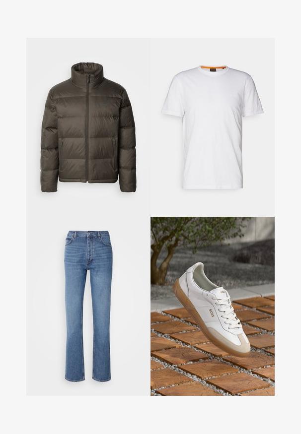 Mörk olivgrön puffjacka med hög krage, dragkedja fram och sydda sektioner. Har sidofickor och en märkesetikett på bröstet.; Vit bomulls T-shirt med rundad halsringning, korta ärmar och en diskret präglad logotyp på bröstet. Inuti finns en etikett med en orange accent.; Blå denimjeans med hög midja, rak bendesign och subtila blekningar. Har klassisk femficksdesign och dragkedja.; Vita lädersneakers med beigefärgade mockadetaljer, har rund tå, snörning på framsidan och en tan gummisula, med varumärket "BOSS".