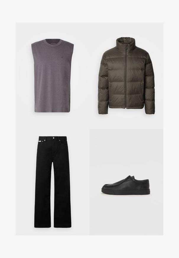 Tmavě olivově zelená péřová bunda s vysokým límcem, zipem vpředu a prošitými sekcemi. Má boční kapsy a značkový štítek na hrudi.; Bezrukávový šedý top vyrobený z měkké směsi bavlny, s kulatým výstřihem a jemným logem na hrudi. Hladká struktura, volný střih.; Černé denimové kalhoty s širokým střihem, s pěti kapsami a kovovými knoflíky. Hladký povrch, bez viditelných vzorů.; Černé kožené nazouvací boty s kulatou špičkou, prošitím a černou gumovou podrážkou. Hladký povrch s minimalistickým designem.