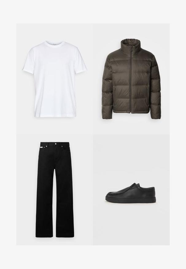 Dunkelolivgrüne Pufferjacke mit hohem Kragen, Reißverschluss vorne und gesteppten Bereichen. Verfügt über Seitentaschen und ein Markenetikett auf der Brust.; Weißes Baumwoll-T-Shirt mit kurzen Ärmeln, rundem Halsausschnitt und lockerer Passform. Minimalistisches Design, ohne Muster oder Akzente.; Schwarze Denim-Hose im weiten Bein-Design mit fünf Taschen und metallenen Knopfdetails. Glatte Textur, ohne sichtbare Muster.; Schwarze Leder-Schlupfschuhe mit runder Zehenform, genähten Details und schwarzer Gummisohle. Glatte Textur mit minimalistischem Design.