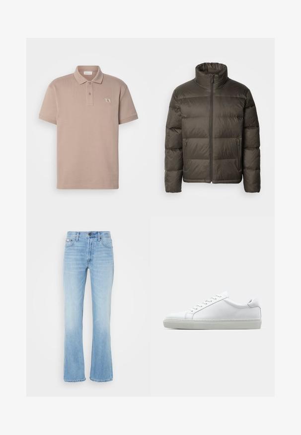 Dunkelolivgrüne Pufferjacke mit hohem Kragen, Reißverschluss vorne und gesteppten Bereichen. Verfügt über Seitentaschen und ein Markenetikett auf der Brust.; Kurzarm-Polohemd in hellem Beige, strukturiertes Material, mit einem gerippten Kragen und einer Knopfleiste mit drei Knöpfen. Verfügt über ein kleines gesticktes Logo.; Hellblaue Denim-Jeans mit Schlag mit einem verblassten Finish, fünf Taschen, Gürtelschlaufen und einem Knopfverschluss an der Taille.; Weißer Sneaker mit glattem Lederobermaterial und niedrigem Profil. Verfügt über eine runde Zehenpartie, sechs Ösen und eine strukturierte Gummisohle.