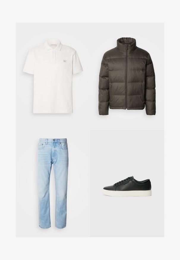 Dunkelolivgrüne Pufferjacke mit hohem Kragen, Reißverschluss vorne und gesteppten Bereichen. Verfügt über Seitentaschen und ein Markenetikett auf der Brust.; Weißes Polohemd mit strukturiertem Gewebe, verfügt über eine Knopfleiste mit zwei Knöpfen und ein kleines Logo in einem Quadrat auf der linken Brust. Kurze Ärmel.; Hellblaue Jeans aus Denim mit geradem Schnitt, die verblasste Abschnitte, ein Fünf-Taschen-Design und einen klassischen Knopfverschluss aufweisen.; Schwarze Leder-Sneaker mit perforierter Textur, runder Zehenpartie und flacher, weißer Gummisohle. Mit schwarzen Schnürsenkeln und einem dezenten Logo an der Seite.