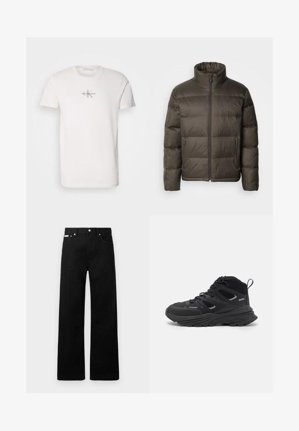 Sötét olívazöld puffertyakó magas gallérral, cipzáras elejével és varrott részekkel. Oldalsó zsebekkel és egy márkázott címkével rendelkezik a mellkasán.; Fehér pamut póló kerek nyakkivágással, rövid ujjakkal, és egy középső szürke logóval, amelyen a "Calvin Klein Jeans" felirat szerepel, egy nagy "K" kiemeléssel.; Fekete farmernadrág széles szabással, öt zsebbel és fém gombos díszítéssel. Sima felület, látható minták nélkül.; Fekete túracipő rétegezett kialakítással, texturált anyaggal és gumitalppal, megerősített részekkel és fűzős elülső résszel.