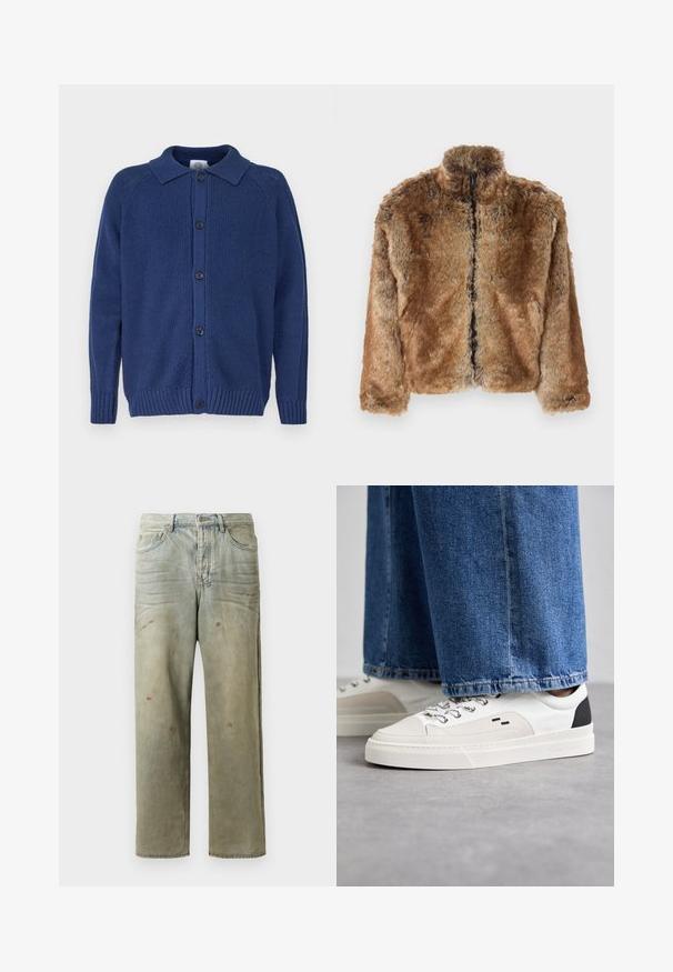 Brūns mākslīgās kažokādas žakets ar augstu apkakli, pilnu rāvējslēdzēju priekšā un garām piedurknēm. Strukturēta virsma ar maigu spīdumu.; Adīta tumši zilā kardigāna ar apkakles dekoltē, pogu aizdari, ribinātām piedurknēm un apakšmalu, tam ir teksturēts audums un raglanu piedurknes.; Balta garām piedurknēm T-kreklā, kas izgatavots no kokvilnas. Arapa kakla dizains ar ribotām aprocēm un mazu logotipu uz kreisās piedurknes. Gluda tekstūra.; Izsistās džinsās gaisā zaļā krāsā, ar taisnu kāju, piecu kabatu dizainu un nevienmērīgu izbalēšanu, kā arī krāsas šļakatas.; Balti un melni apavi ar gludu ādas virsu, teksturētiem akcentiem un masīvu baltu zoli. Iespējojot klasisku šņorējamu dizainu.