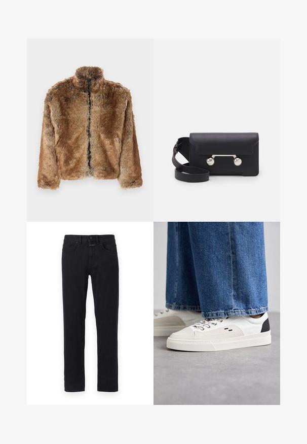 Ruskea tekokarvainen takki, jossa on korkea kaulus, täyspitkä vetoketju ja pitkät hihat. Teksturoitu pinta, jossa on pehmeä kiilto.; Kermakoolne kootud sviiter polo kaelusega, ribadega mansetid ja äär, esipaneeliga ja pehme tekstuuriga.; Mustat farkut, joissa on kapea mitoitus, klassinen neljän taskun muotoilu, vyölenkit ja nappisulku. Sileä pinta, ei näkyviä kuvioita.; Valkoiset ja mustat tennarit, joissa on sileä nahkapäällinen, tekstuuriakcentit ja paksu valkoinen pohja. Varustettu klassisella nauhakiinnityksellä.; Mustan nahkainen olkalaukku, jossa on läppäkiinnitys, hopeanväriset yksityiskohdat ja kaksi pyöreää koristetta. Varustettu irrotettavalla hihnalla. Sileä pinta.