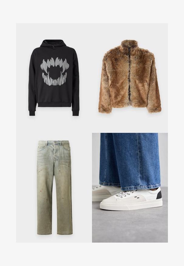 Brown faux fur jacket with a high collar, full zip front, and long sleeves. Textured surface with soft sheen.; Black hoodie made of soft fabric, featuring a large silver graphic design resembling abstract teeth on the front. Adjustable hood.; Distressed denim jeans in light green, featuring a straight leg, five-pocket design, and uneven fading with paint splatters.; White and black sneakers with a smooth leather upper, textured accents, and a chunky white sole. Features a classic lace-up design.