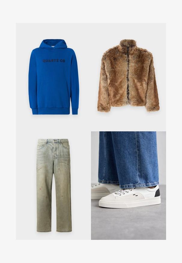 Hnedý umelý kožúšok s vysokým golierom, plným zipsom vpredu a dlhými rukávmi. Štruktúrovaný povrch s jemným leskom.; Modrá mikina s kapucňou vyrobená z jemného materiálu, s klokankovým vreckom, ribovanými manžetami a tlačeným logom "QUARTZ CO" v tmavých písmenách na prednej strane.; Zničené džínsy vo svetlozelenej farbe s rovnými nohavicami, piatimi vreckami a nerovnomerným vyblednutím so škvrnami od farby.; Biele a čierne tenisky s hladkým koženým zvrškom, štruktúrovanými akcentmi a masívnou bielou podrážkou. Obsahujú klasický dizajn so šnurovaním.