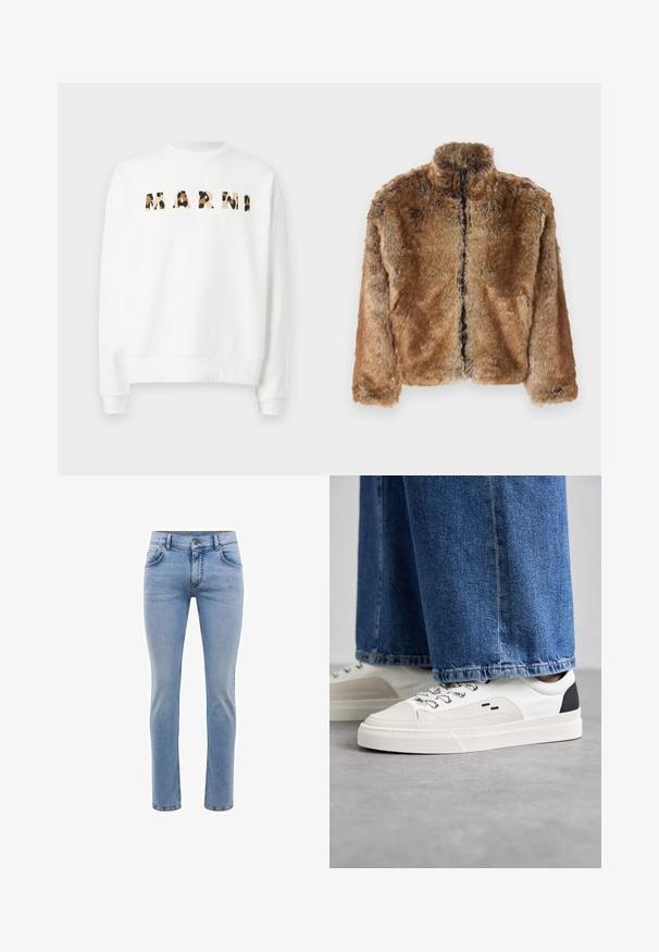 Brown faux fur jacket with a high collar, full zip front, and long sleeves. Textured surface with soft sheen.; Marni Sweatshirt - natural white; Light blue denim jeans with a slim fit, five pockets, and a straight leg design. Features a zipper fly and belt loops. Soft texture.; White and black sneakers with a smooth leather upper, textured accents, and a chunky white sole. Features a classic lace-up design.
