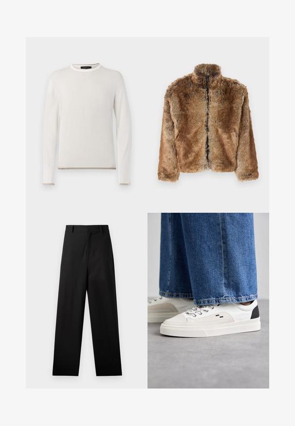 Ruskea tekokarvainen takki, jossa on korkea kaulus, täyspitkä vetoketju ja pitkät hihat. Teksturoitu pinta, jossa on pehmeä kiilto.; Valkoinen ribbineuleinen pitkähiha sweateri, jossa on pyöreä pääntie ja kontrastivärinen beige accentti helmasaumassa ja hihoissa. Pehmeä neulepinta.; Mustat puuvillapantsit suoralla lahkeella, joissa on etupuolen nappikiinnitys ja sivutaskut. Kuitenkin sileä pinta, ilman kuvioita.; Valkoiset ja mustat tennarit, joissa on sileä nahkapäällinen, tekstuuriakcentit ja paksu valkoinen pohja. Varustettu klassisella nauhakiinnityksellä.