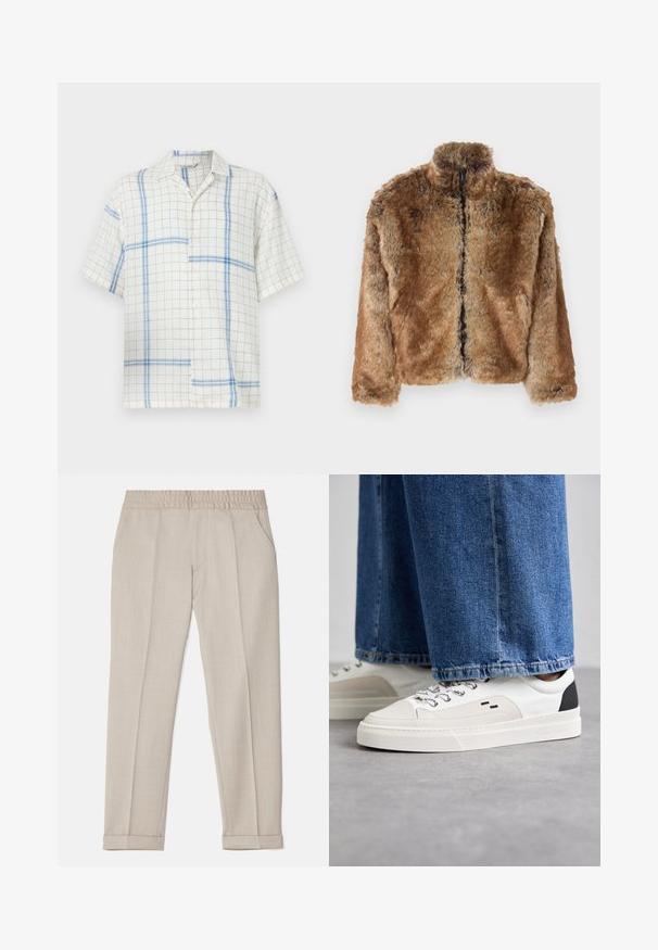 Ruskea tekokarvainen takki, jossa on korkea kaulus, täyspitkä vetoketju ja pitkät hihat. Teksturoitu pinta, jossa on pehmeä kiilto.; Lyhythermainen paita, joka on valmistettu kevyestä kankaasta valkoisella taustalla ja sinisellä ruutukuviolla. Muodostaa teräväkärkisen kauluksen ja nappisulun.; Filippa K TERRY CROPPED TROUSERS - Housut - sage melange; Valkoiset ja mustat tennarit, joissa on sileä nahkapäällinen, tekstuuriakcentit ja paksu valkoinen pohja. Varustettu klassisella nauhakiinnityksellä.