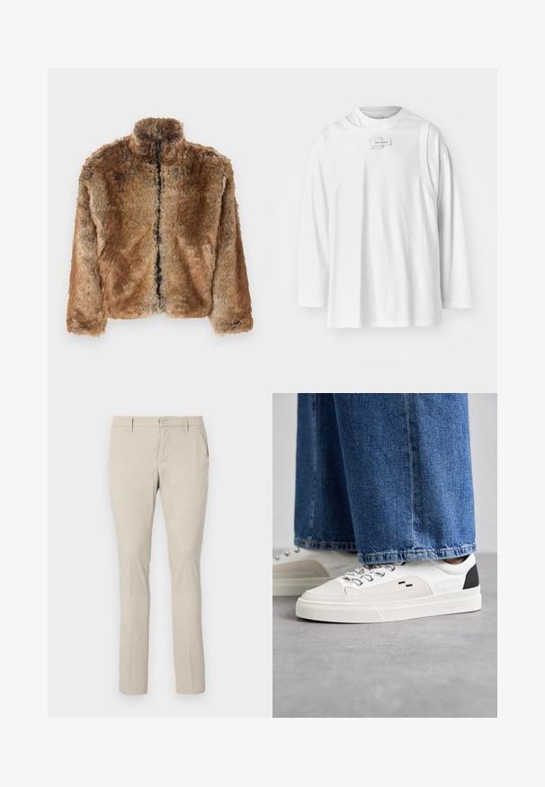 Brown faux fur jacket with a high collar, full zip front, and long sleeves. Textured surface with soft sheen.; Feng Chen Wang DECONSTRUCTION UNISEX - Long sleeved top - white; Beige chinos with a straight fit, featuring side pockets and a smooth fabric texture. No visible patterns or hardware details.; White and black sneakers with a smooth leather upper, textured accents, and a chunky white sole. Features a classic lace-up design.